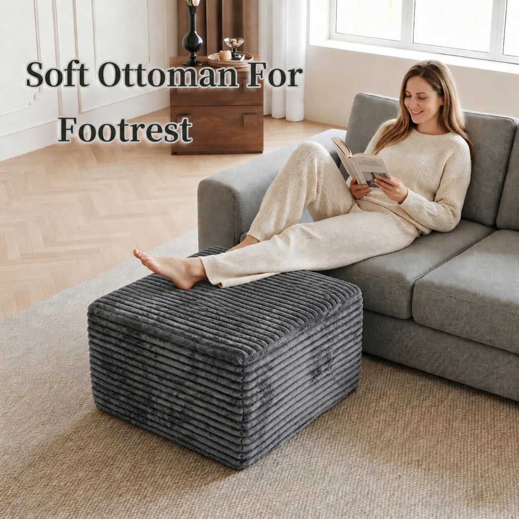 25.6" Dark Grey Corduroy Memory Foam Ottoman