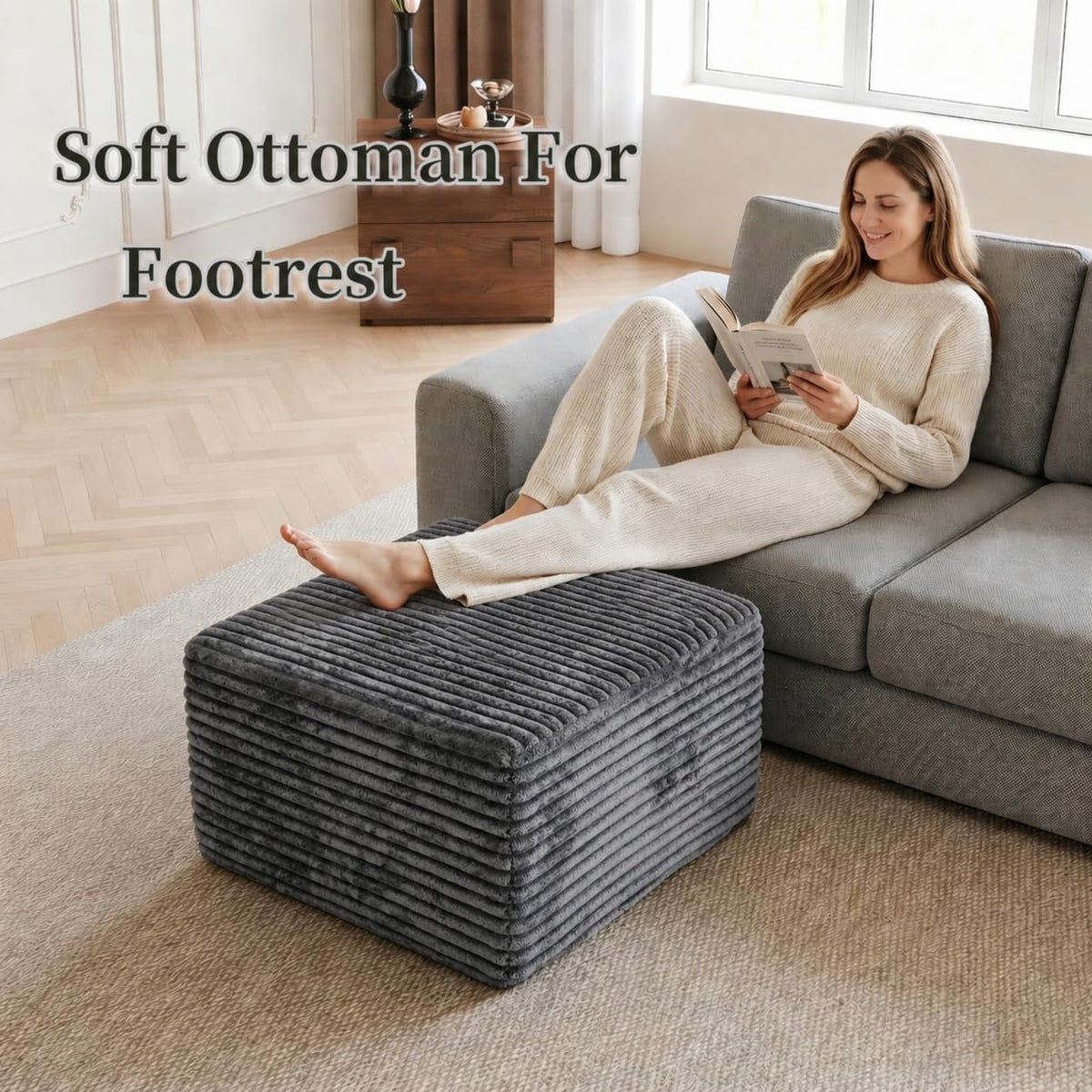25.6" Dark Grey Corduroy Memory Foam Ottoman