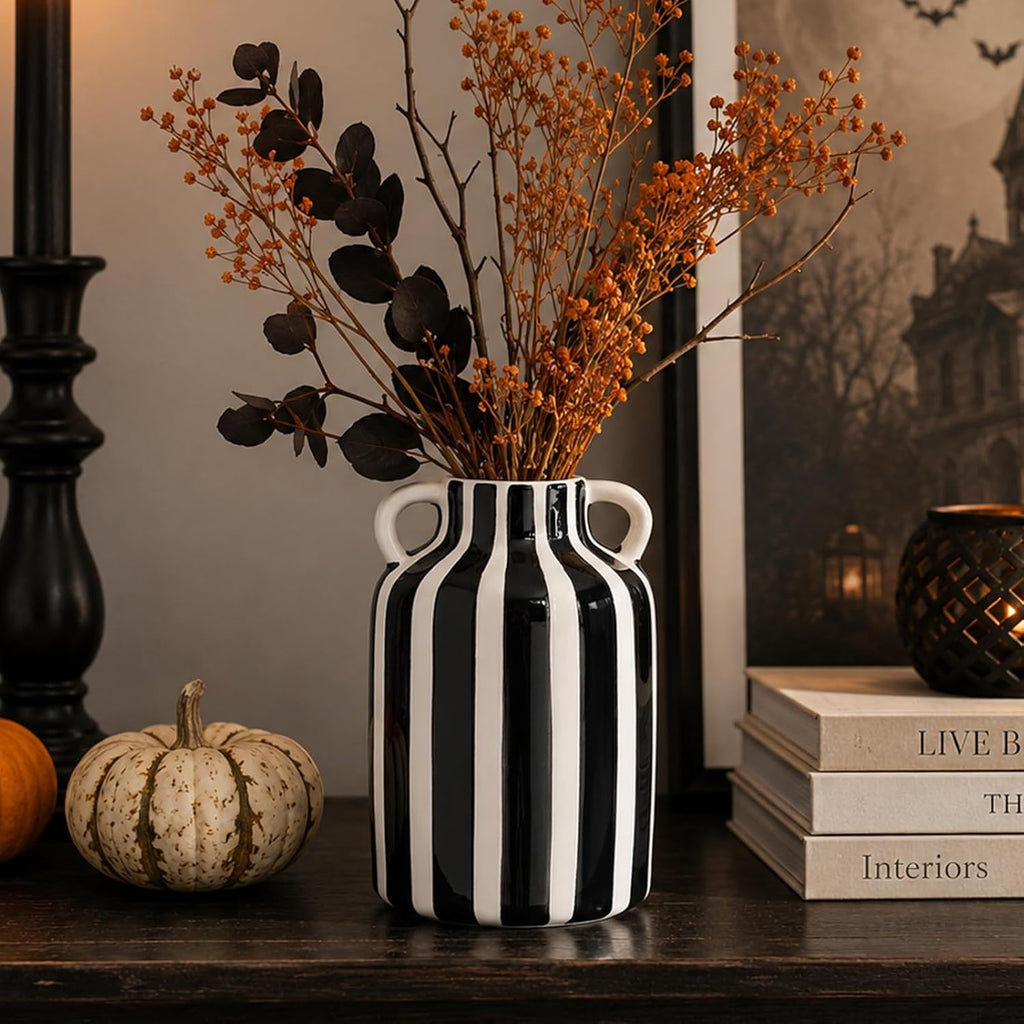 Black‑White Checkered Ceramic Vase with Handles