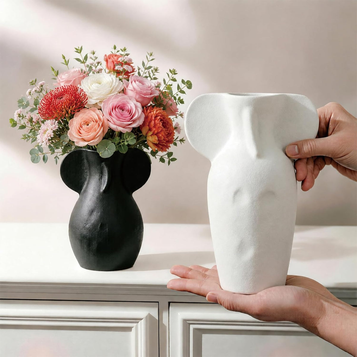 2‑Pack Black‑White Abstract Ceramic Body Vases