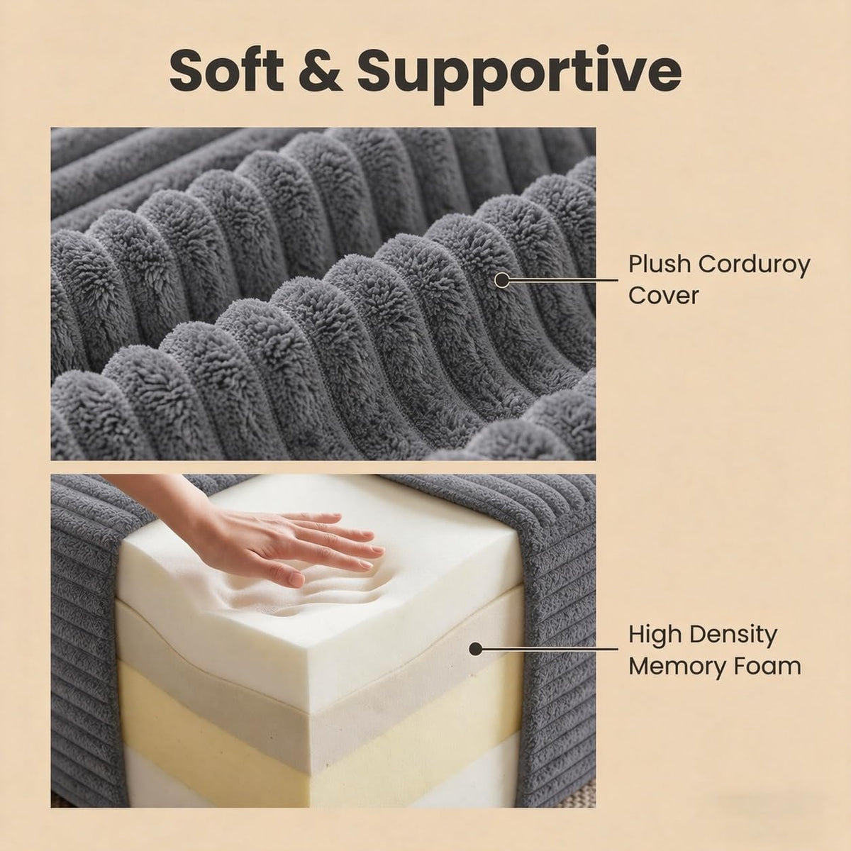 25.6" Dark Grey Corduroy Memory Foam Ottoman