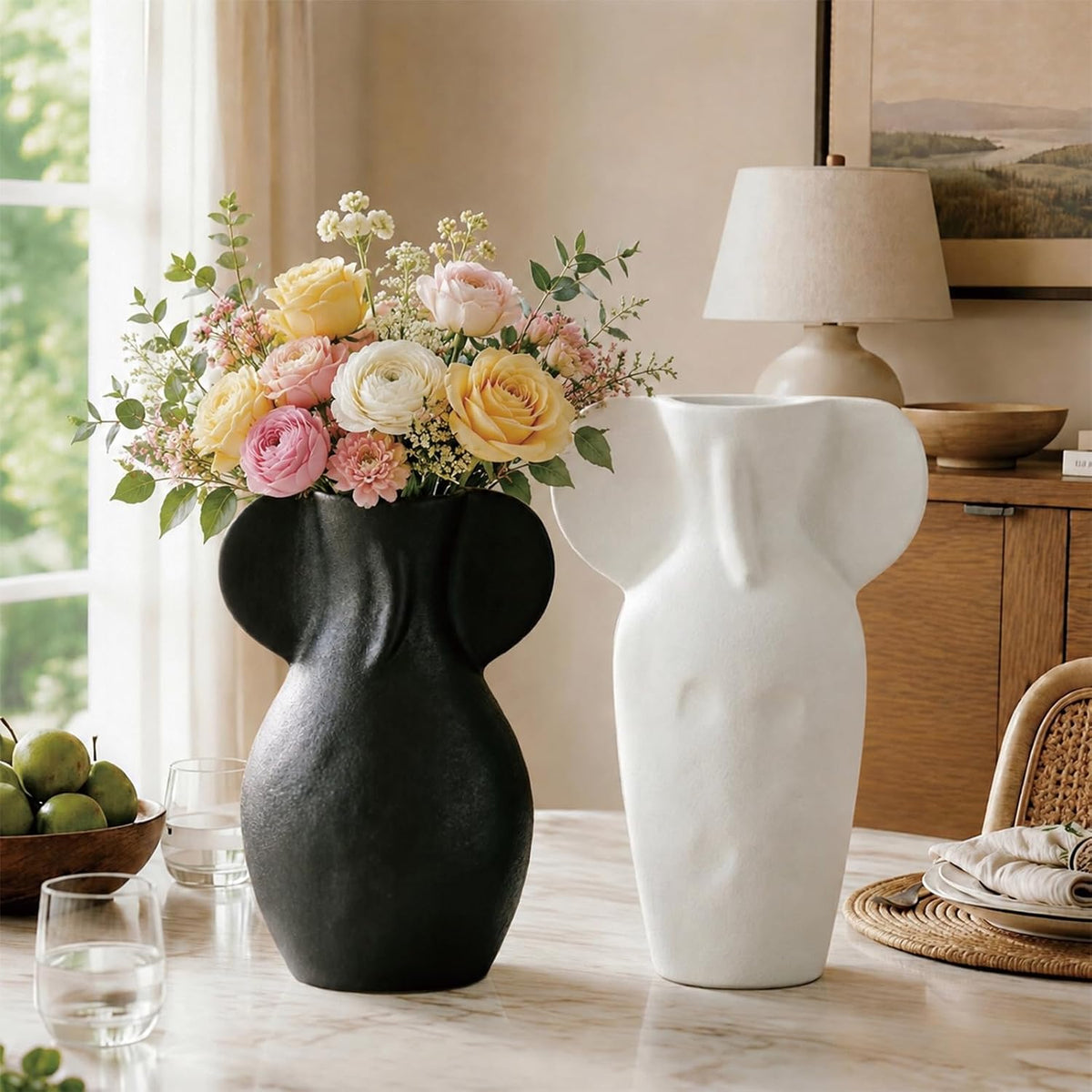 2‑Pack Black‑White Abstract Ceramic Body Vases