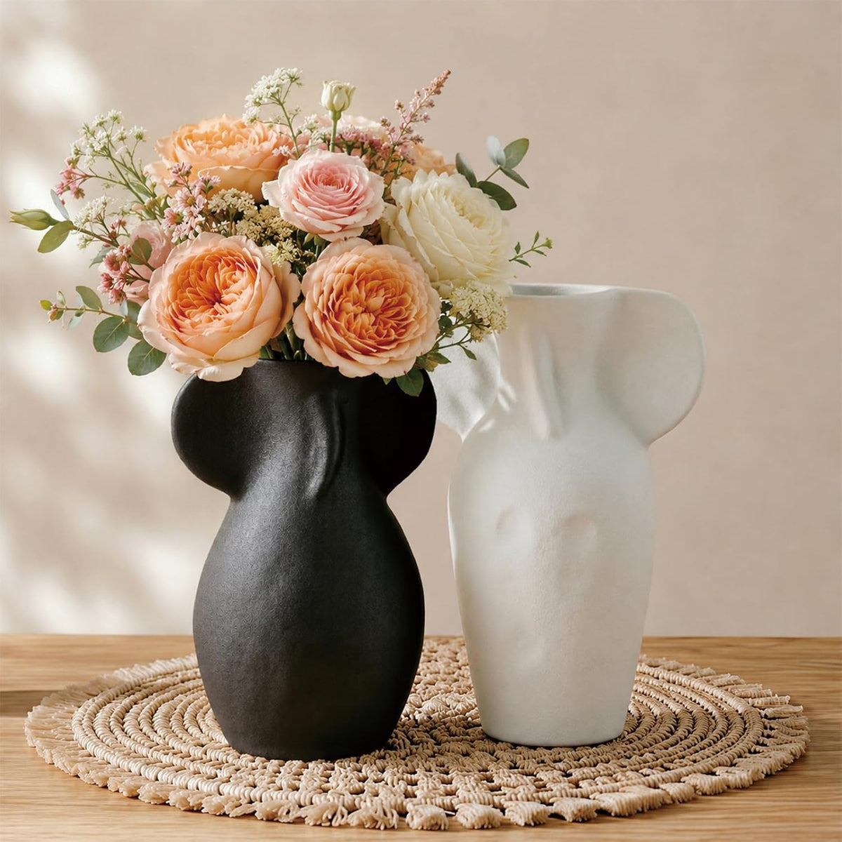 2‑Pack Black‑White Abstract Ceramic Body Vases