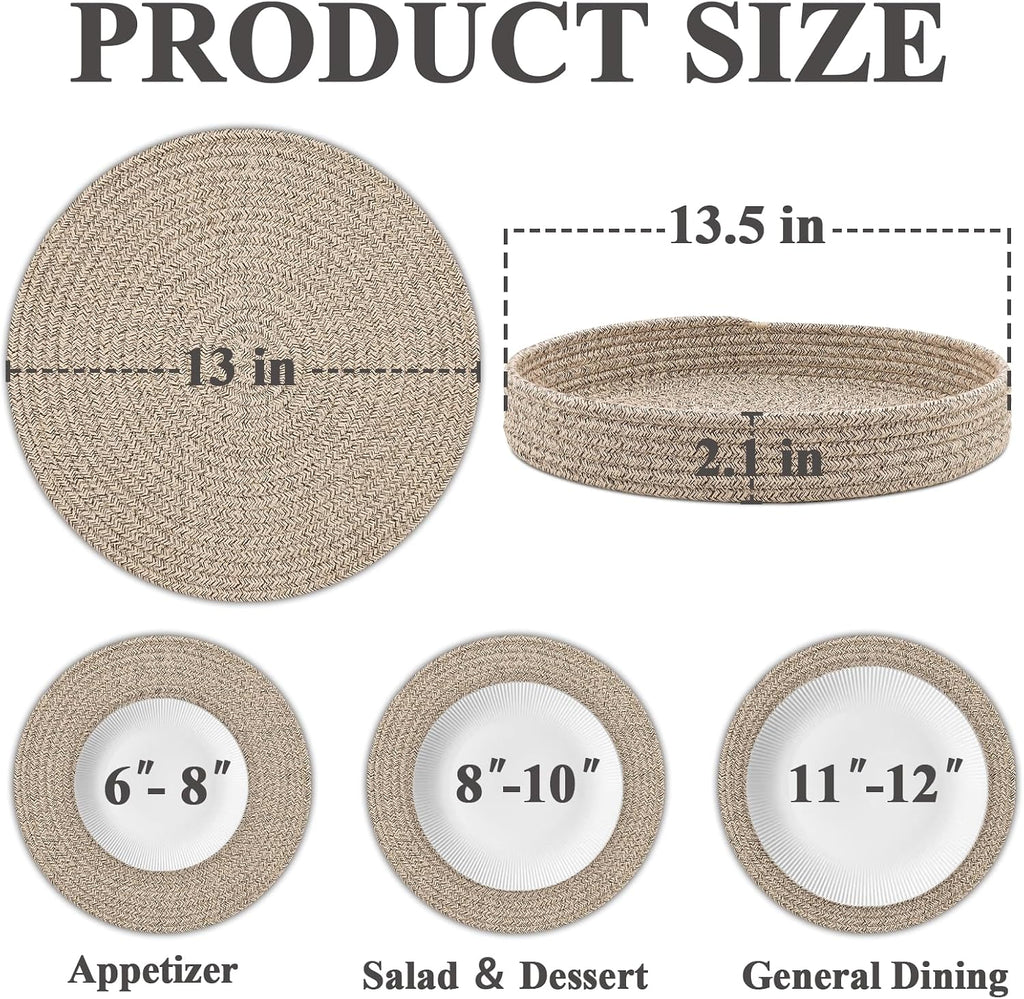 6Pcs 13" Brown Cotton Rope Round Placemats With Holder