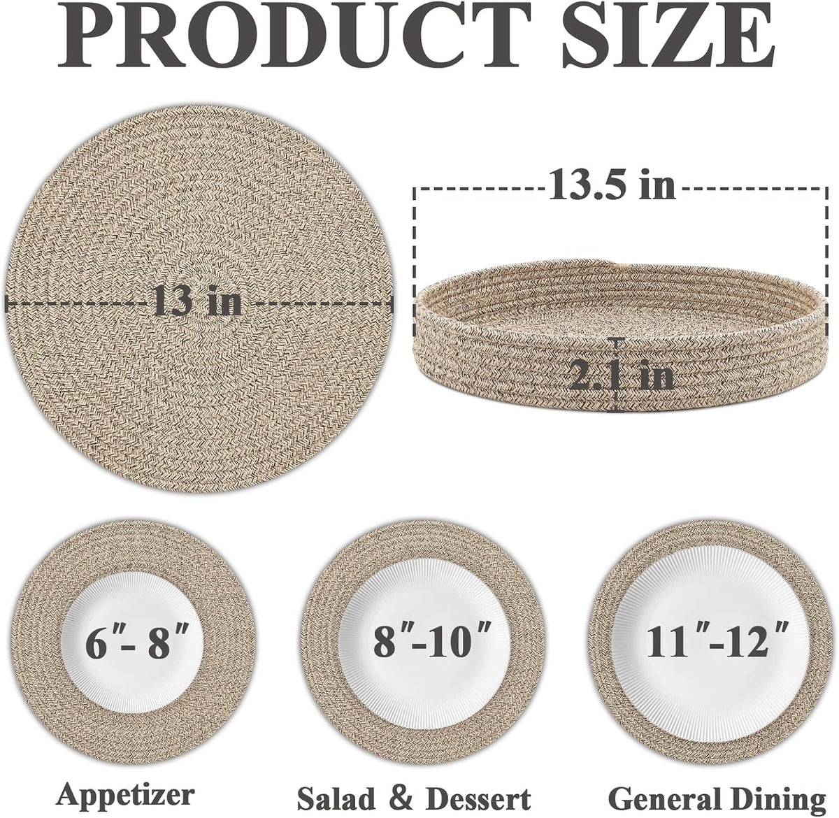 6Pcs 13" Brown Cotton Rope Round Placemats With Holder