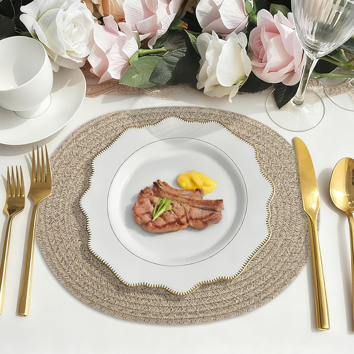 6Pcs Brown Cotton Rope Oval Woven Placemats