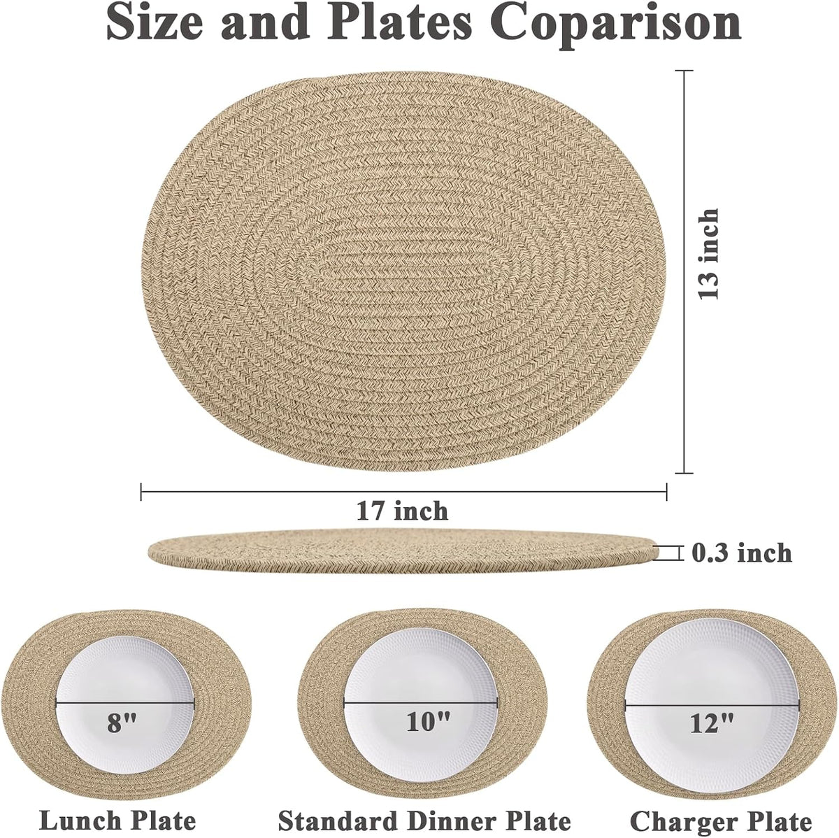 6Pcs Brown Cotton Rope Oval Woven Placemats