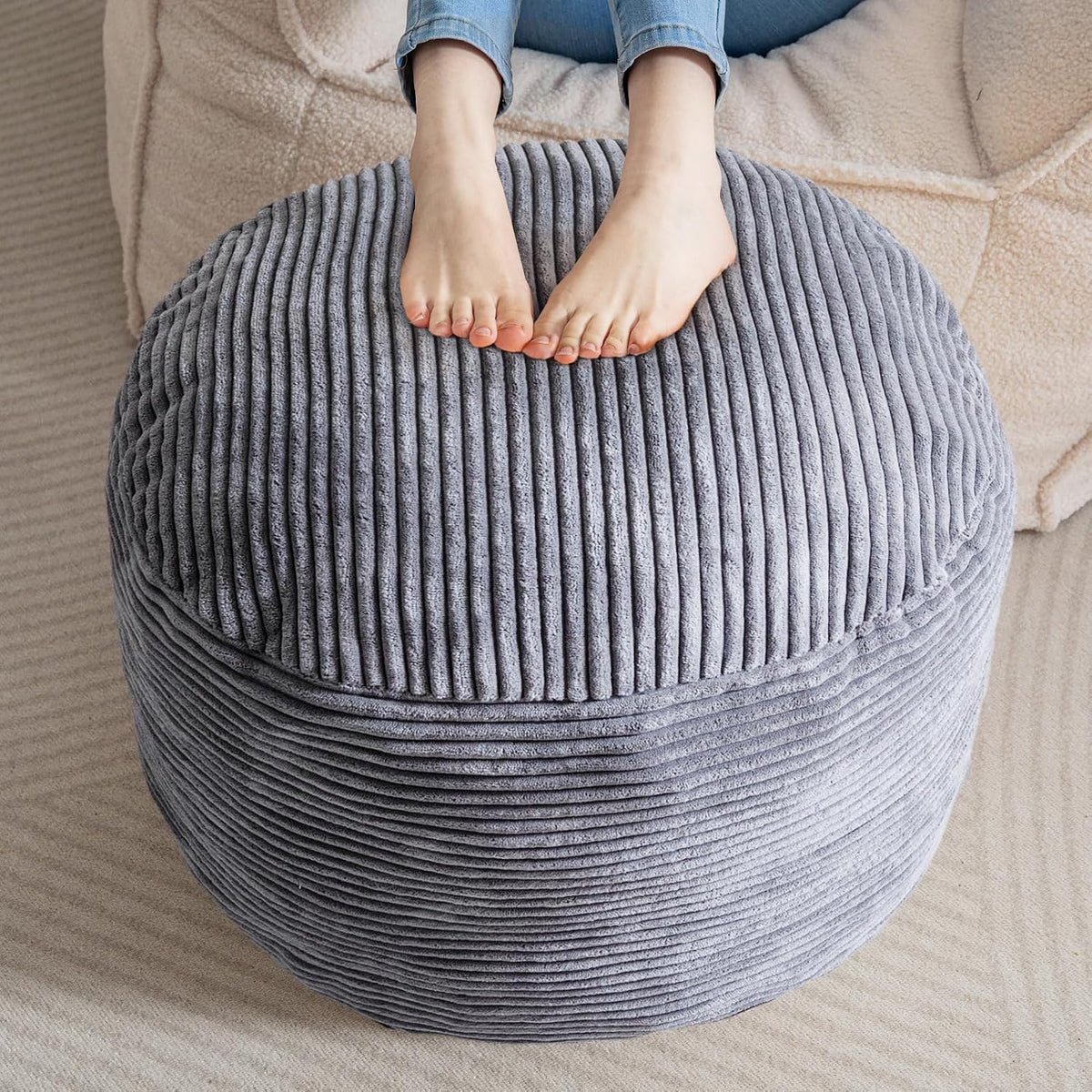 Dark Grey Corduroy Round Pouf Ottoman