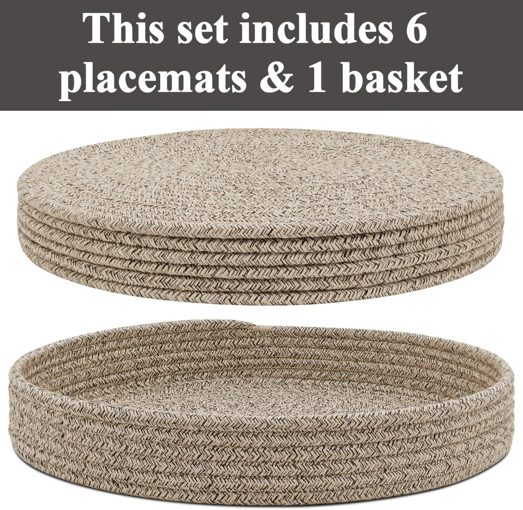 6Pcs 13" Brown Cotton Rope Round Placemats With Holder