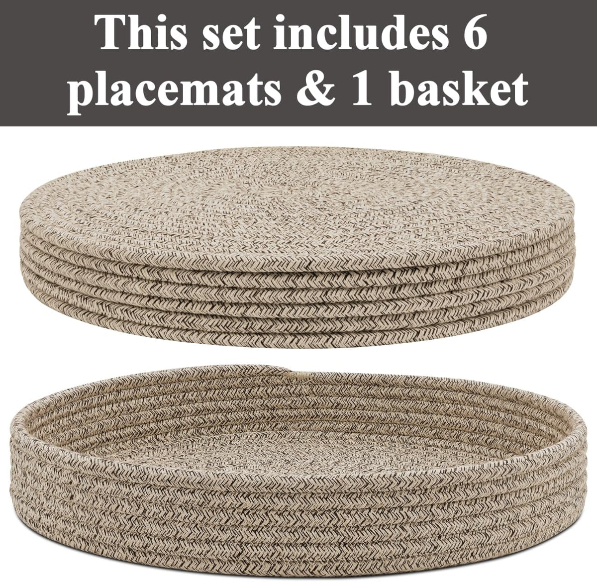 6Pcs 13" Brown Cotton Rope Round Placemats With Holder