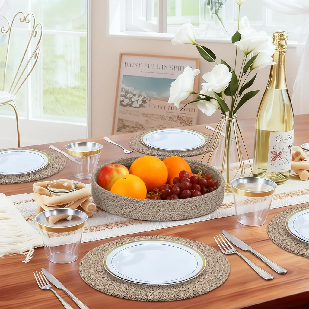 6Pcs 13" Brown Cotton Rope Round Placemats With Holder